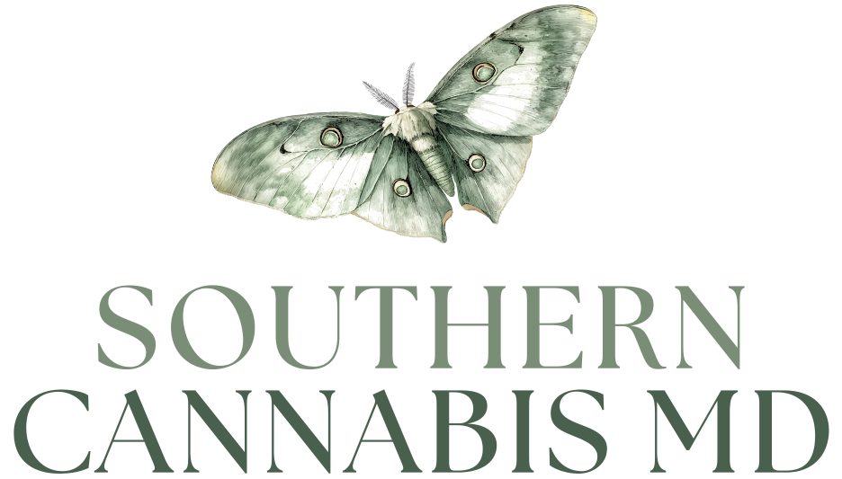 A Luna moth sits beside the Southern Cannabis MD name