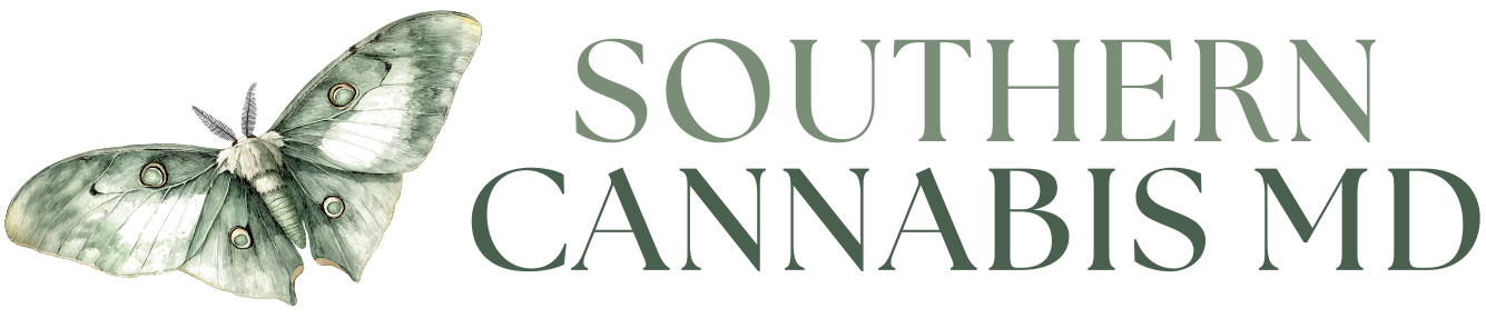 A Luna moth sits beside the Southern Cannabis MD name